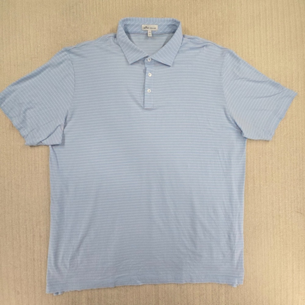 Peter Millar Polo Shirt Mens 2XL Blue Striped Pima Cotton Golf Short Sleeve